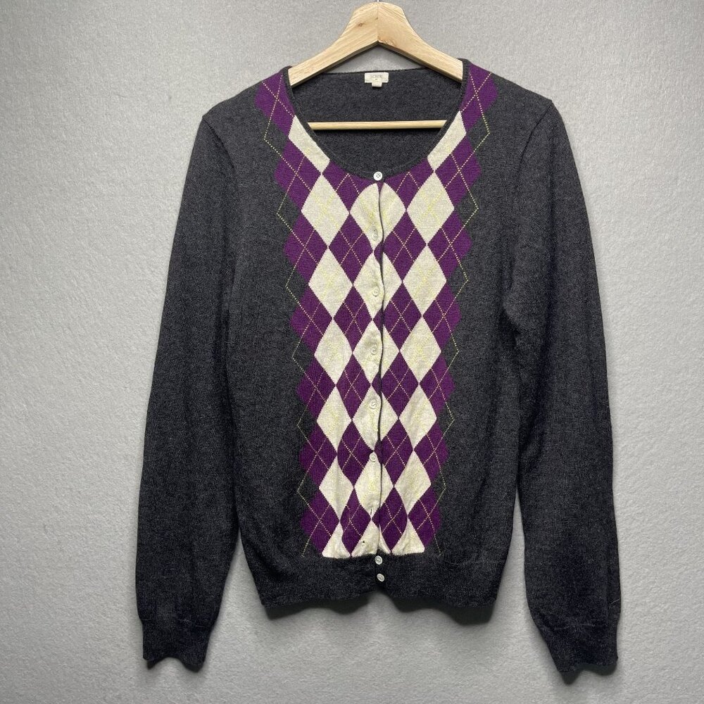 J.Crew Argyle Wool Blend Cardigan Sweater XL Gray & Purple